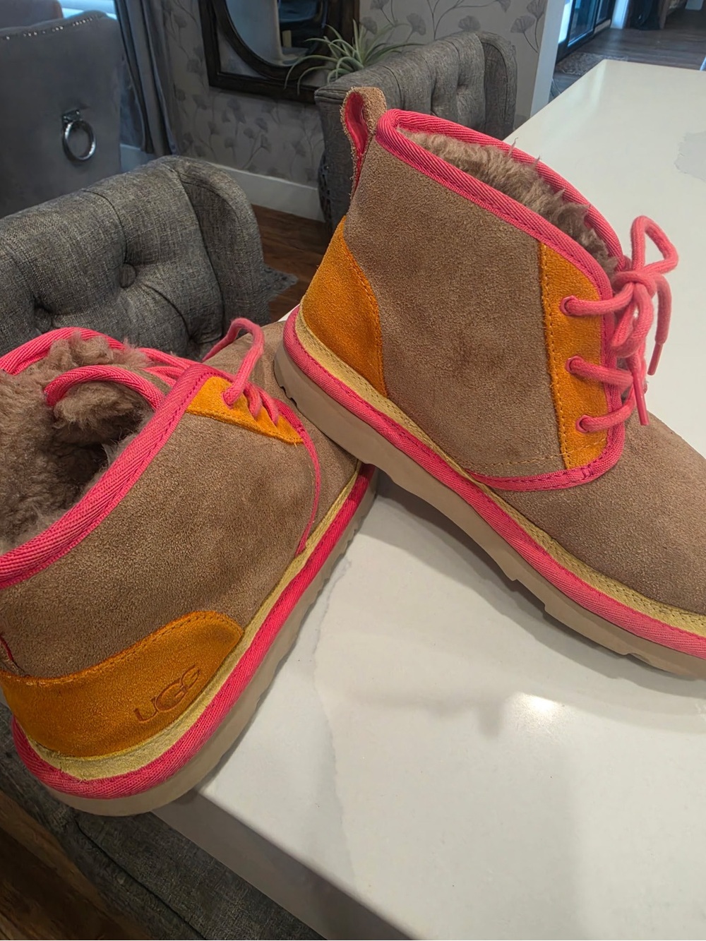 UGG Kids Suede Winter Boot in Tan with Pink & Orange Accents